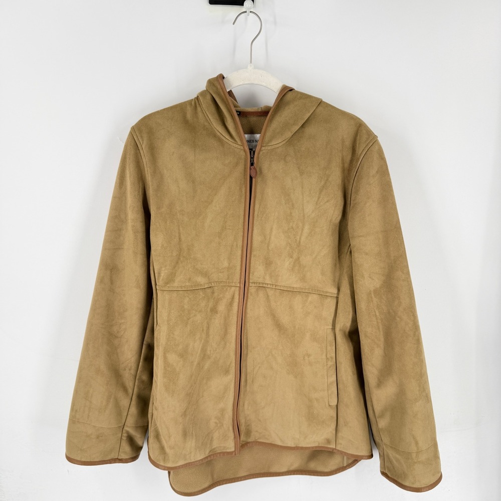 Jones New York Faux Suede Hooded Jacket Tan Medium Elbow Patch Equestrian Cozy